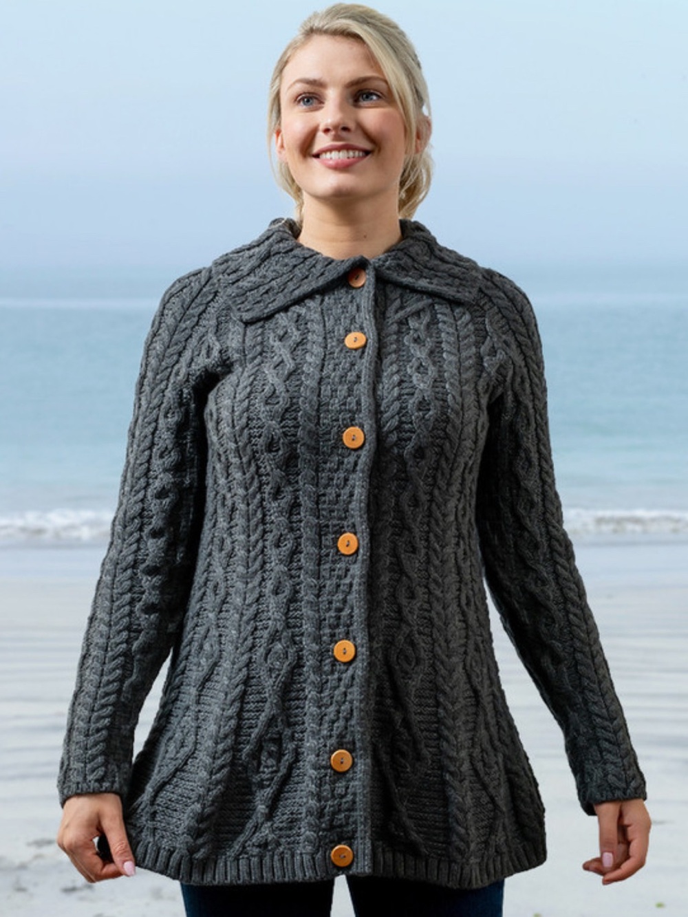 Aran Sweater Market Classic Cable-Knit Button-Up Sweater Coat Charcoal Gray NWT